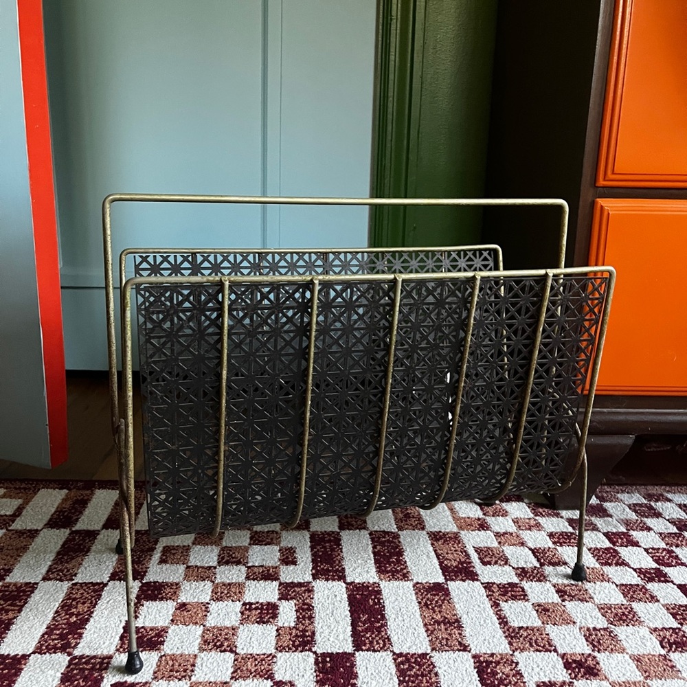 Vintage Mid Century Modern Atomic Black Metal brass Magazine Rack Perforated MCM